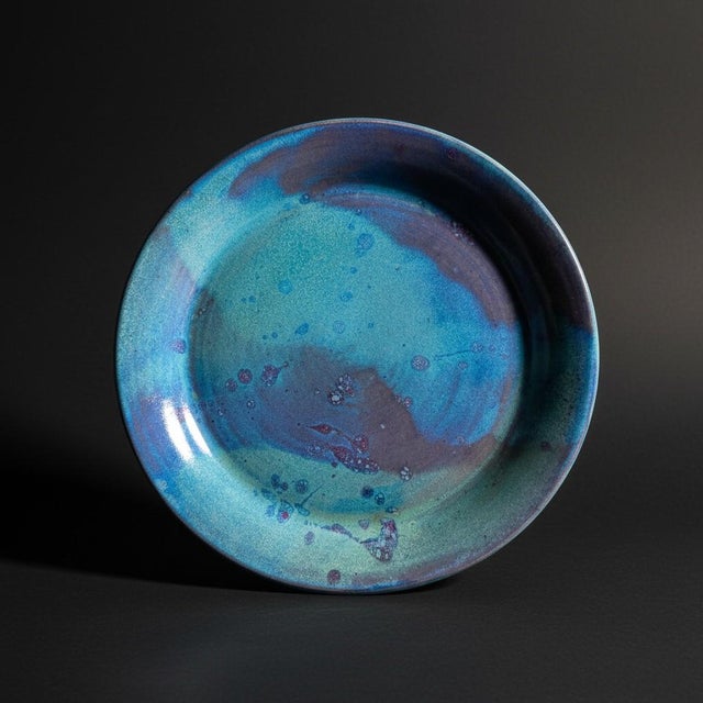 Studio Art Pottery Platter-Signed Blue Purple Green-Iridescent Ceramic-Coastal For Sale - Image 10 of 11