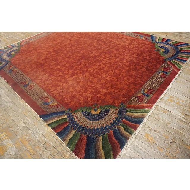 Stupendous Claret Background Color Asymmetric Patterns Antique Chinese Art Deco Rug For Sale - Image 4 of 11