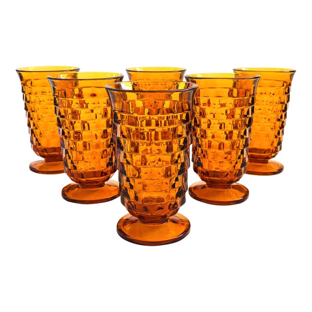 Cubist Amber Glass Iced Tea Tumblers - Set of 6 - Whitehall by Colony For Sale