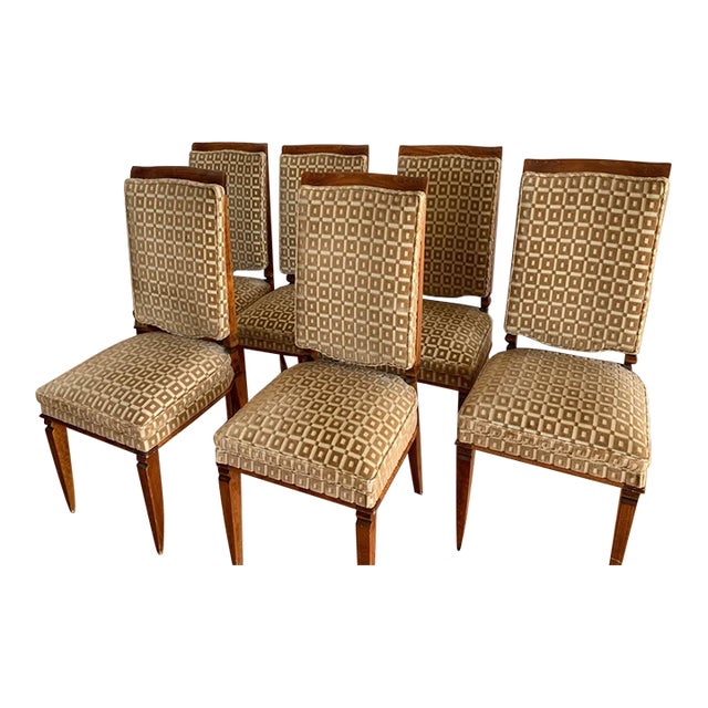 1930s Set of 6 French Art Deco Chestnut Dining Chairs in Geometric Silk Velvet For Sale