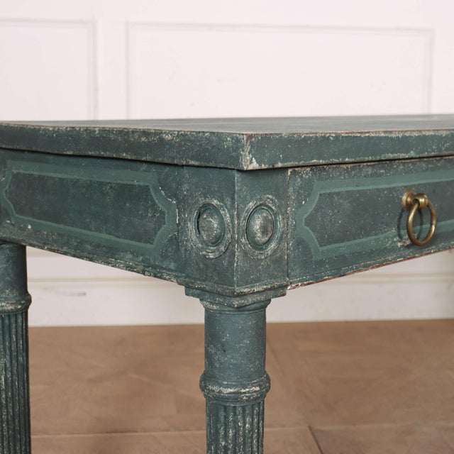 Large early 19th century English regency painted three drawer oak console table with reeded legs and lined decoration....