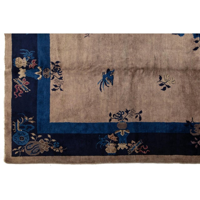 Textile Art Deco Chinese Floral Designed Wool Rug Antique Handmade in Light Brown For Sale - Image 7 of 10