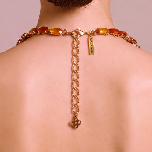 Oscar De La Renta 22k Gold Plated Orange Amber Resin Leaf Statement Necklace For Sale - Image 12 of 13