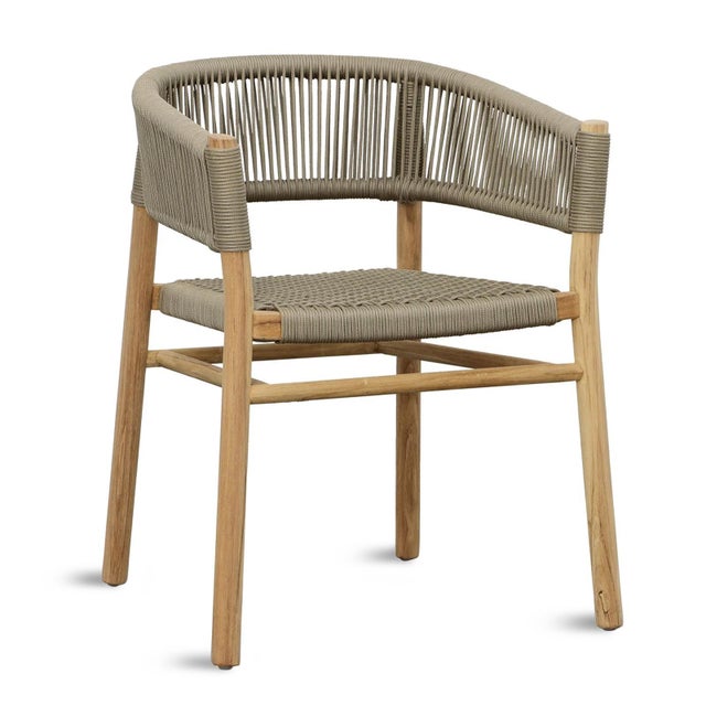 Modern outdoor dining chair with teak wood frame and taupe faux rope seat and back. Simple curved horseshoe back design....
