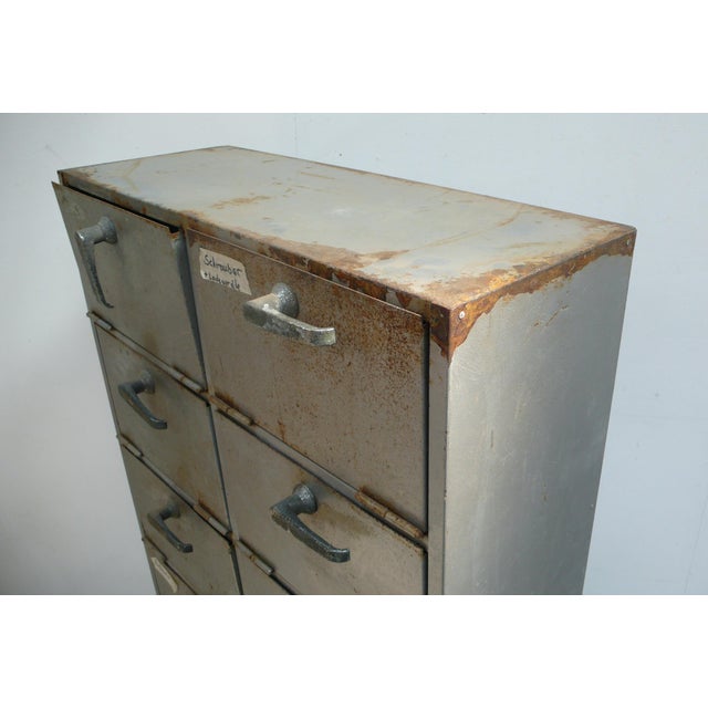 Vintage Industrial Metal Cabinet with 10 Fold-Down Doors on Casters, 1950s For Sale - Image 6 of 10