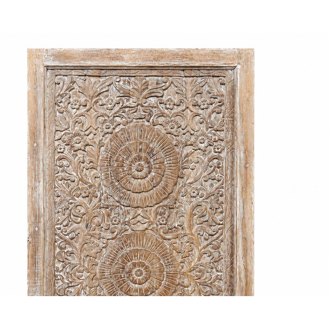 Whitewashed Hand-Carved Mandala Door – Vintage Indian Lotus Motif Double-Sided Carved Entry Door 85x41.5 For Sale - Image 4 of 5