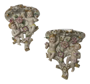 Regency French Putti Cherub Wall Porcelain Sconces - a Pair