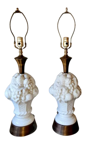 Vintage 1960s Italian Ceramic Fruit Topiary Lamps - a Pair