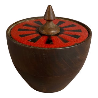 1960s Capital Enterprises Turned Walnut and Enameled Covered Vessel For Sale