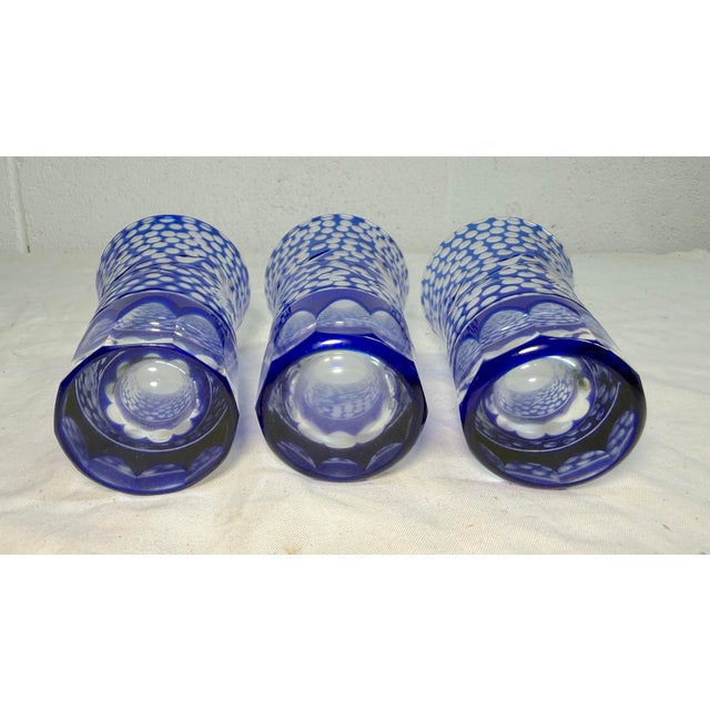 Blue Vintage Elaborate Cut to Clear Crystal Glass Czech Cobalt Blue Shot Glasses - Set of 3 For Sale - Image 8 of 11