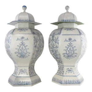 A Pair Vintage of Handmade Chinoiserie Hand-Painted Metal General Jars/Vases