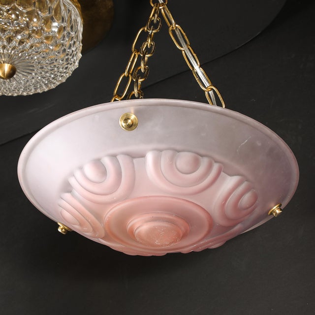 Art Deco Frosted Geometric Rose Glass Brass Fitted Pendant Chandelier For Sale - Image 15 of 17