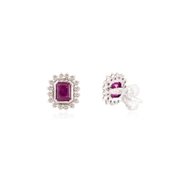 Not Yet Made - Made To Order 14k White Gold Solitaire Ruby With Halo Diamonds Stud Earrings- A Pair For Sale - Image 5 of 13