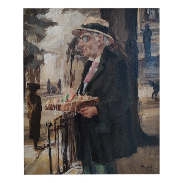 Edouard John Menta, Le vendeur de rue, Oil on Cardboard, Framed For Sale