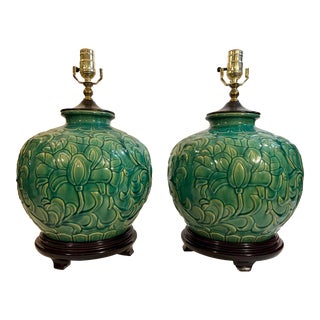 Vintage Chinoiserie Green Embossed Lotus Salt Glazed Lamps - a Pair For Sale