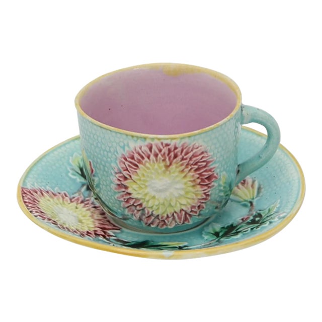 Rare 19th-Century English Majolica Chrysanthemum Cup & Saucer For Sale