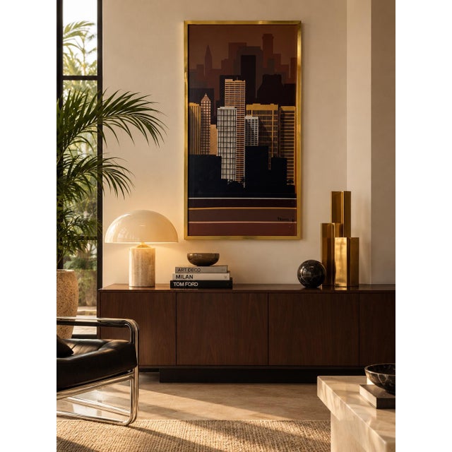 Striking 1970s vintage cityscape acrylic painting on canvas, signed Franco at the lower right. The composition features a...