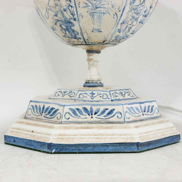 Pair of Vintage Hand-Painted Dutch Blue and White Tile-Style Metal Table Lamp - Octagonal Urn With Pastoral Scenes For Sale - Image 12 of 16