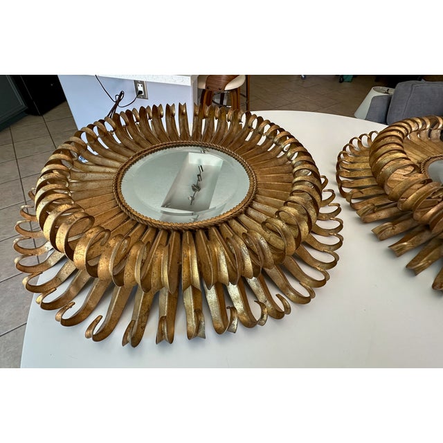 Pair Gilt Metal Eyelash Sunburst Convex Wall Mirrors For Sale - Image 15 of 18