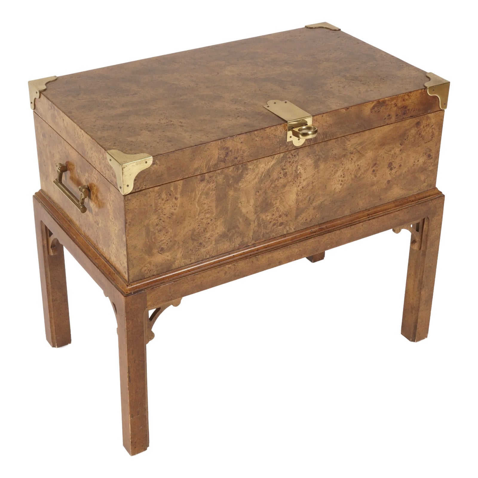 Vintage Book Match Burl Wood & Brass Storage Trunk Chest | Chairish