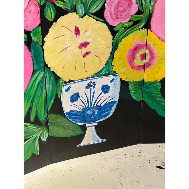 Chinoiserie Original Hand-Painted Folding Screen by Stacey Porter – Floral Still Life With Bird – Black Ground Decorative Panel For Sale - Image 3 of 12
