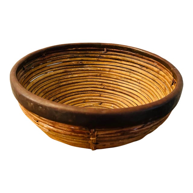 1970s Gabriella Crespi Style Bamboo and Brass Fruit Bowl For Sale