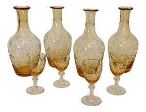 Set of Etched Amber Decanters & Aperitif Glasses - 8 Pieces