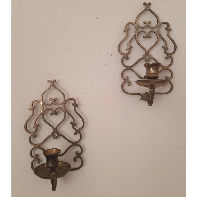 Art Nouveau Brass Scrolled Heart Candle Sconces a Pair For Sale - Image 3 of 5