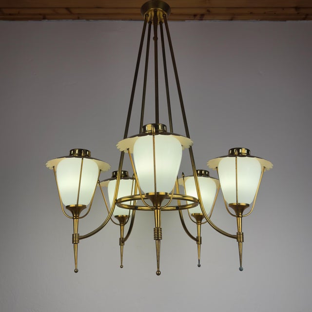 Vintage Art Deco Glass and Brass Chandelier from Maison Arlus, France 1950s For Sale - Image 10 of 18