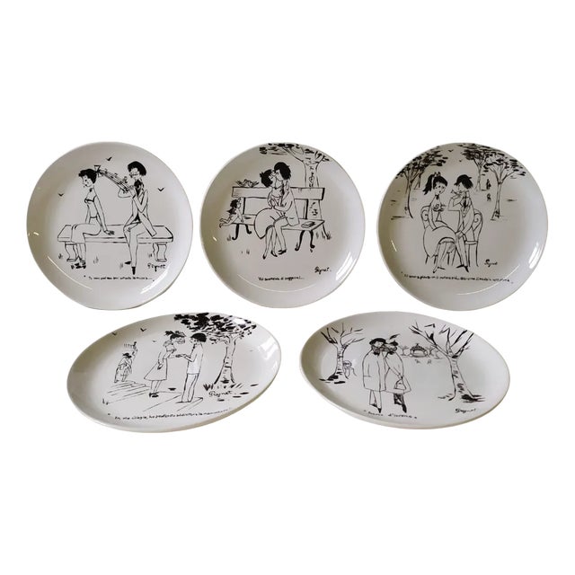 Hand-Painted Plates by Raimond Peynet for SCI Laveno, 1960s, Set of 5 For Sale