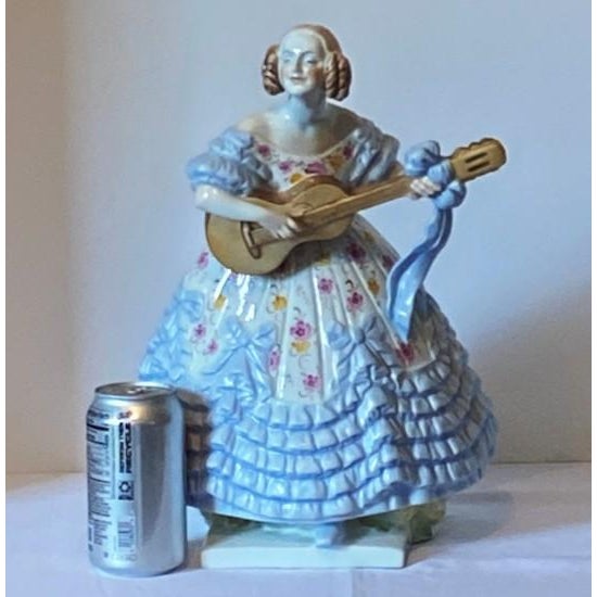 Herend Deryne (Mrs. Dery) Large 14” Porcelain Figure: Woman With Guitar/Mandolin (Blue Gown, Floral Motifs) Ligeti Early Mark, Vintage #5753 For Sale - Image 13 of 18