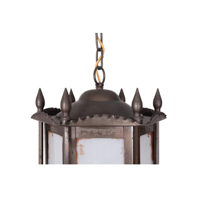 Green Amsterdam School Art Deco Hexagonal Hallway Lamp with Painted Glass, 1920 For Sale - Image 8 of 14