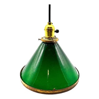 1920s Art Deco Banker/Poker Hanging Ceiling Light W/ 9" Brass Rim Green Glass Shade For Sale