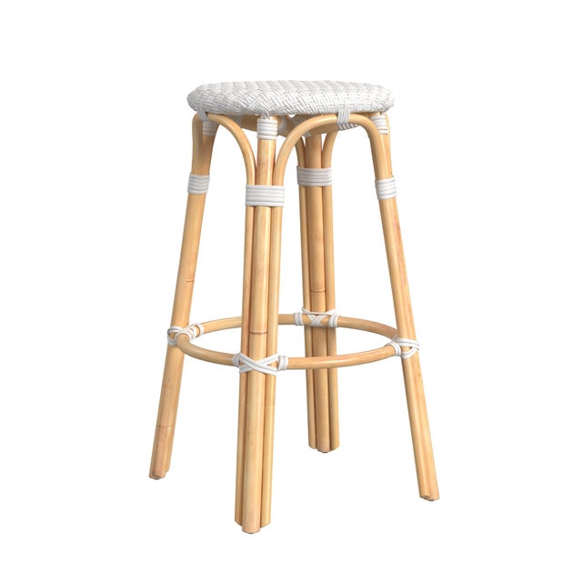 Tobias 30 in. Seat Height Round Rattan Backless Bar Stool, Glossy White/ Natural Rattan Frame For Sale In Chicago - Image 6 of 8