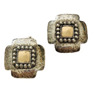 Early Vintage 1980’s Dian Malouf Oxidized Sterling & 14k Gold Hammered ‘Signature’ Cross Earrings, With Beaded Silver Frame For Sale