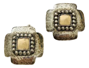 Early Vintage 1980’s Dian Malouf Oxidized Sterling & 14k Gold Hammered ‘Signature’ Cross Earrings, With Beaded Silver Frame, A Pair