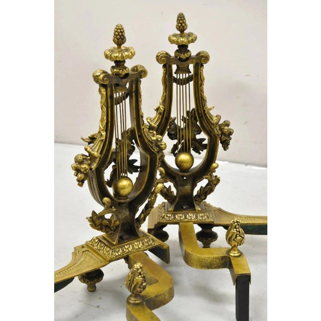Antique French Empire Neoclassical Bronze Figural Lyre Harp Andirons - A Pair For Sale - Image 12 of 12