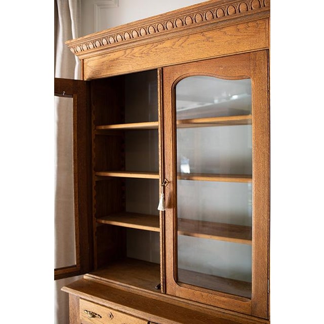 Wood Mid 20th Century Oak Stepback Cupboard & Glass Display Hutch For Sale - Image 7 of 18