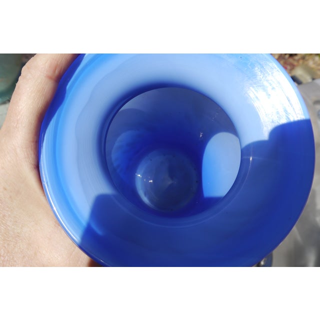 Blue Contemporary Blue Ombre Art Cased Glass Vase With Gold Glitter Drip Swirl Accents Hand Blown For Sale - Image 8 of 13