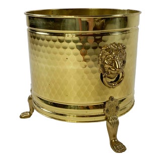 Hammered Brass Lion Handle Footed Planter For Sale