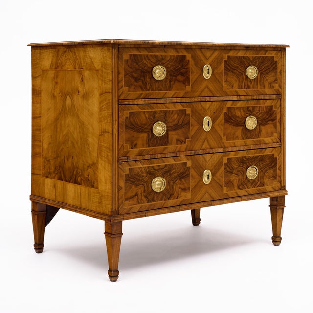 Neoclassical Italian Neoclassical Walnut and Marquetry Three-Drawer Commode For Sale - Image 3 of 9