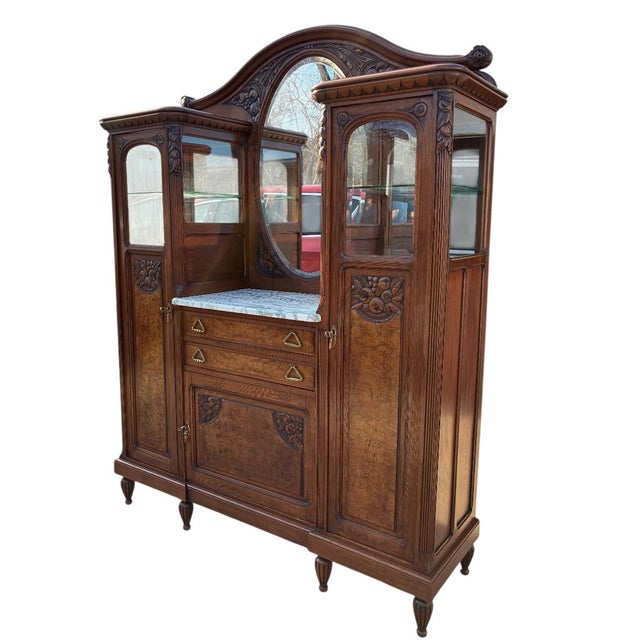 Antique French Art Nouveau Curio Cabinet Hutch China Breakfront Oak Side by Side For Sale - Image 11 of 16