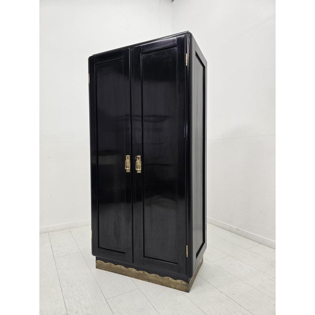 Black Viennese Art Deco Wardrobe in Black Lacquer with Brass Details, 1940s For Sale - Image 8 of 11