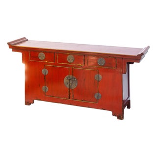Vintage Asian Red Lacquered With Brass Hardware Sideboard Buffet Cabinet For Sale