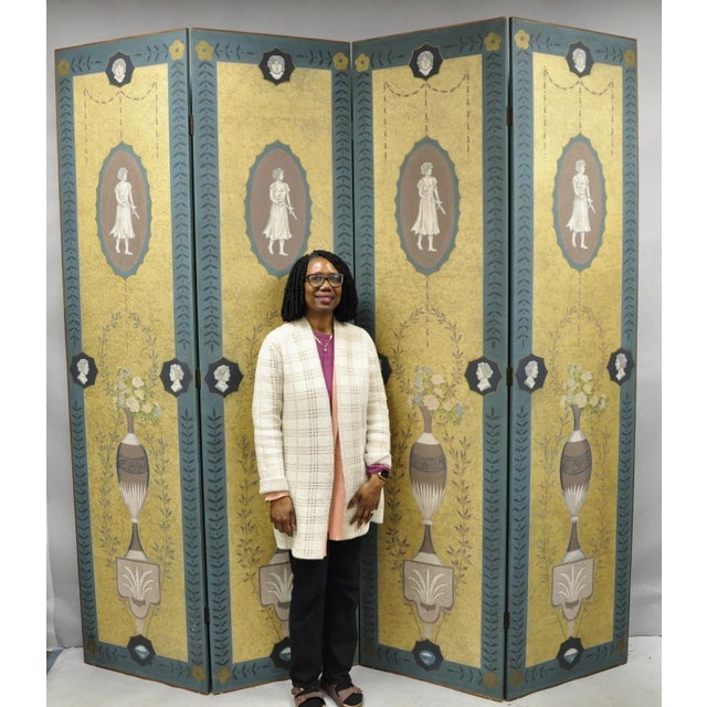 Decorator Neoclassical Robert Adam Style 96" Large 4 Panel Folding Screen Room Divider. Circa Late 20th Century....