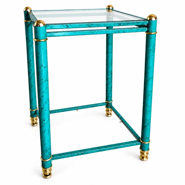 Hollywood Regency Faux Malachite Side Table with Brass Details and Glass Shelves, 1980s For Sale - Image 4 of 4