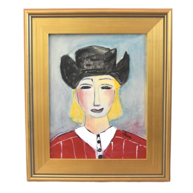 2020s Fun Abstract Cowgirl W/ Hat Portrait Oil Painting Including the Antiqued Gold Wood Frame For Sale - Image 5 of 5