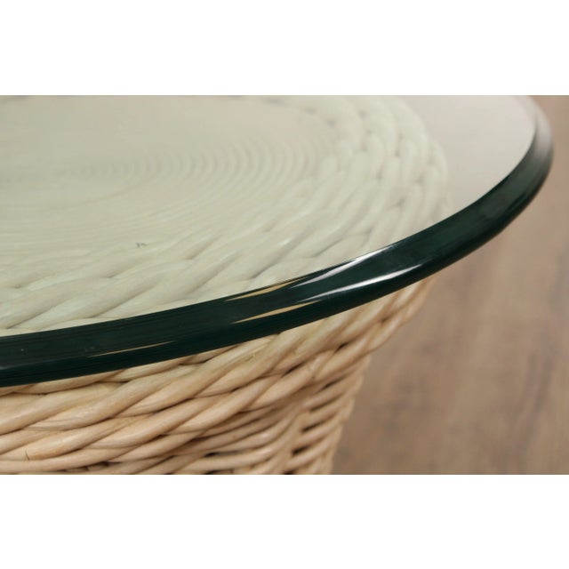 Quality Vintage Round Wicker Rattan Glass Top Side Table For Sale - Image 9 of 13