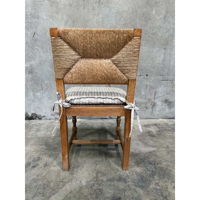 Vintage French Rush Seat Back Oak Dining Chairs Set of Four Bleached Farmhouse For Sale - Image 11 of 17