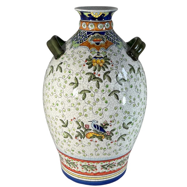 17+ In. Tall Chinese Jug Vase Stylized Blue Songbird, Fruit & Leaf Pattern For Sale - Image 16 of 18